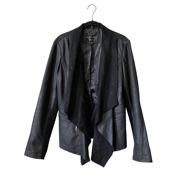 Bernardo Moto Leather Jacket Women's Size M Black Draped Open Front Pockets Rock - Picture 2 of 6